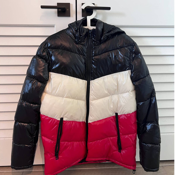 Guess High Shine Hoodie Quilted Puffer Jacket Black Red Men's Sz Small Full Zip - Picture 1 of 9